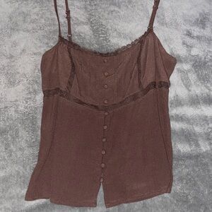 Elegant Brown Lace Trim Women's Top